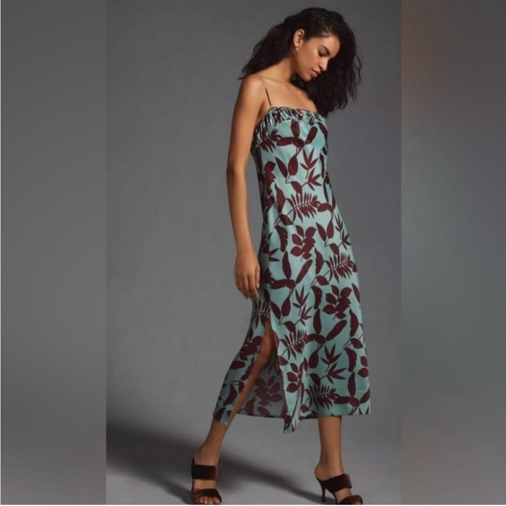 Anthropology Floral Print Midi Dress in Teal and Burgundy Size M